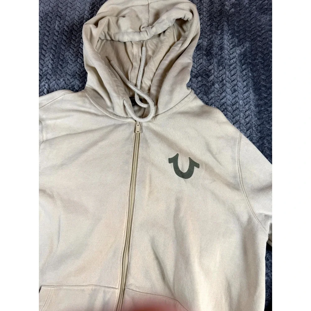 True Religion Buddha‎ Hoodie Mens L Beige Streetwear Graphic on Back Sweatshirt